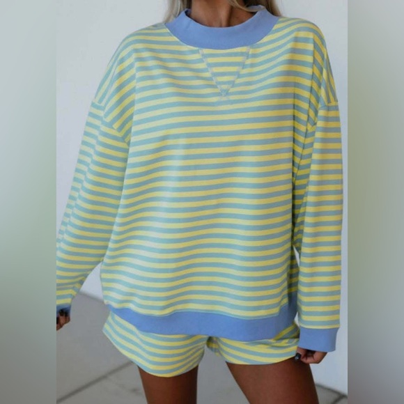 house of halle Pants - Women’s Striped Athletic Shorts in Yellow & Light Blue